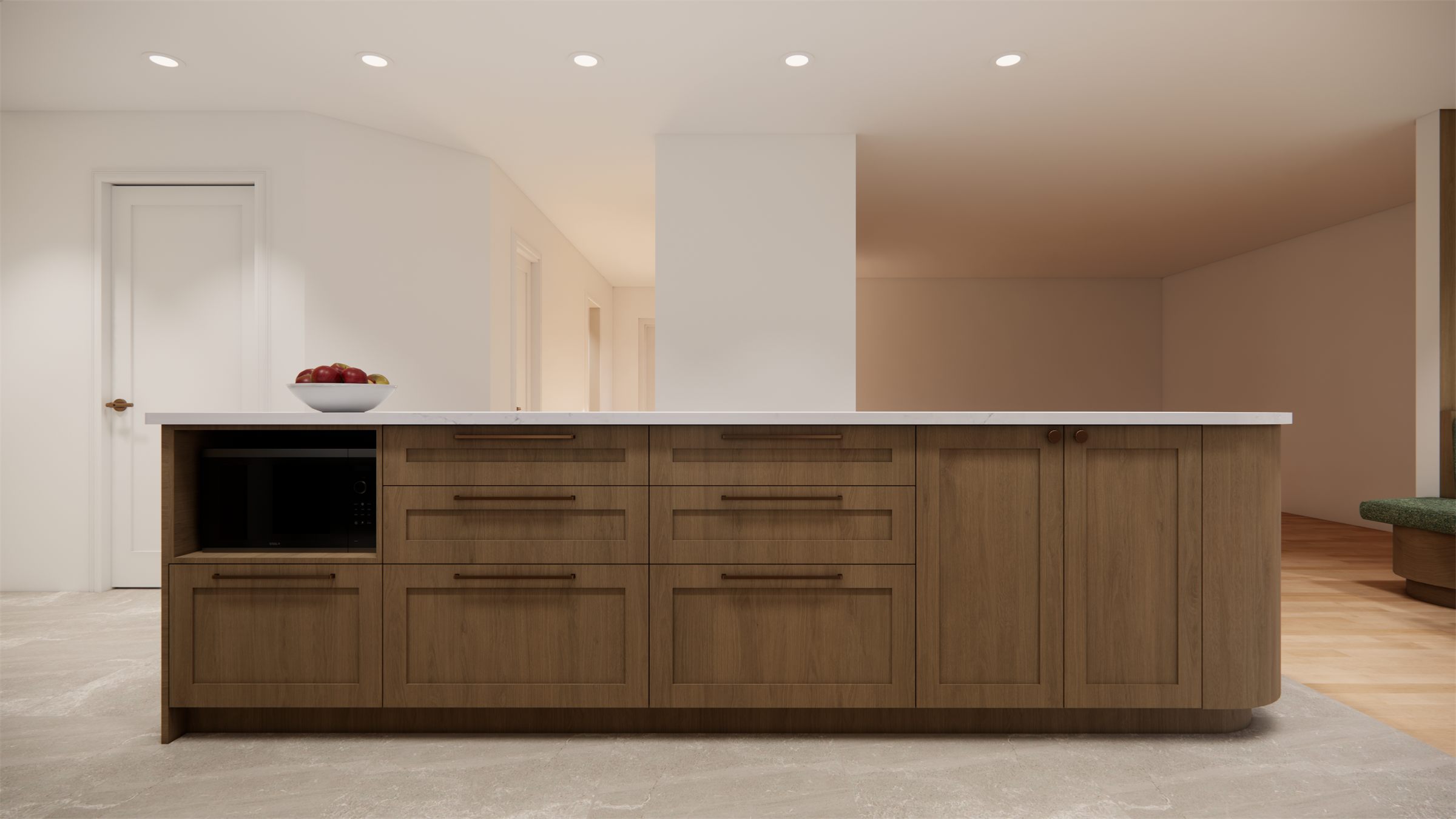 Rendu 3D des tiroirs de rangement et du micro-ondes intégrés à l'îlot de cuisine, résidence de Québec